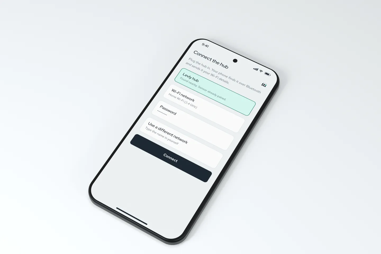 A phone with the Levly app's Connect the hub screen, asking for the Wi-Fi network and password