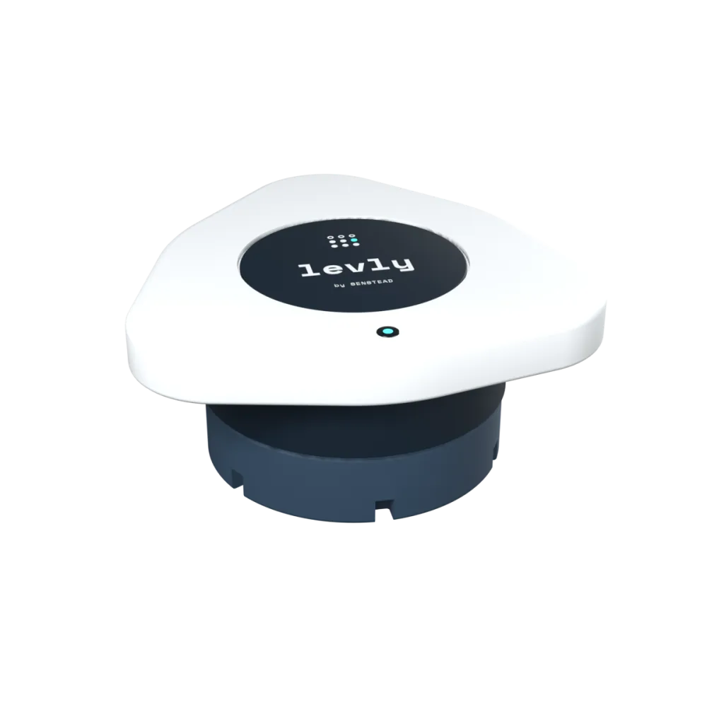 The Levly sensor: a white rounded lid with the levly logo on a dark blue base