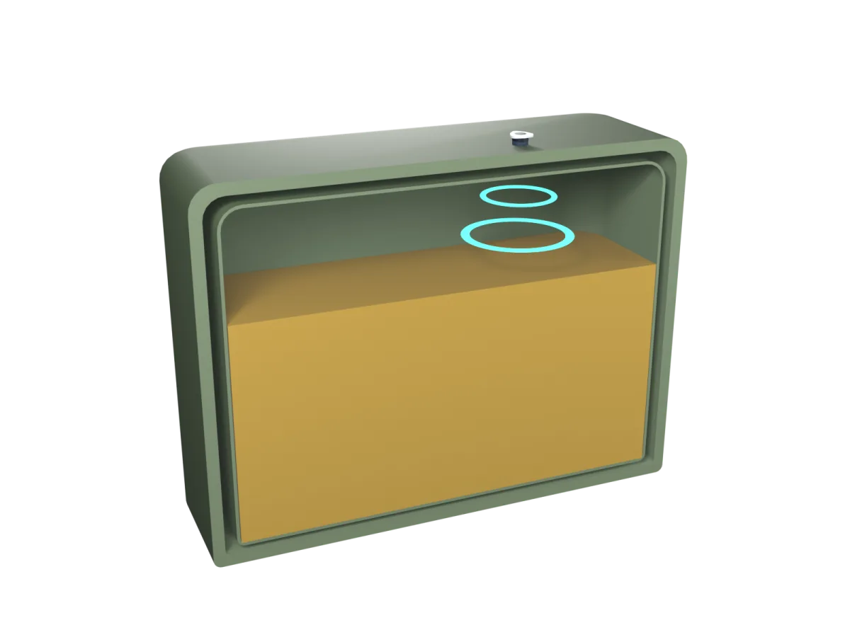 Cutaway of a green plastic oil tank 68% full, with the Levly sensor on top