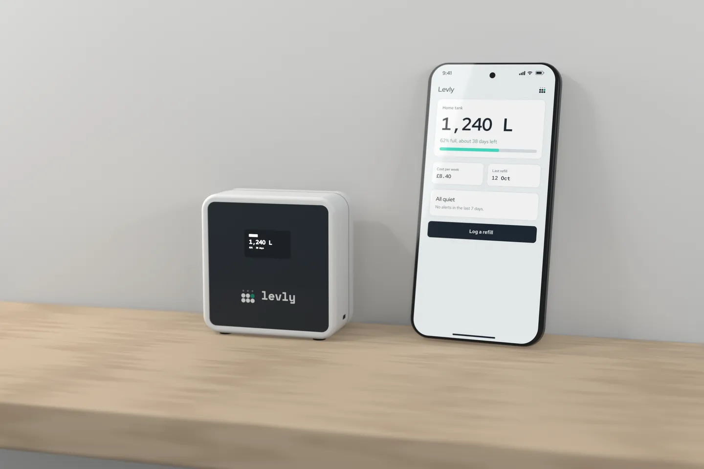 The Levly hub and a phone with the Levly app, both showing 1,240 L