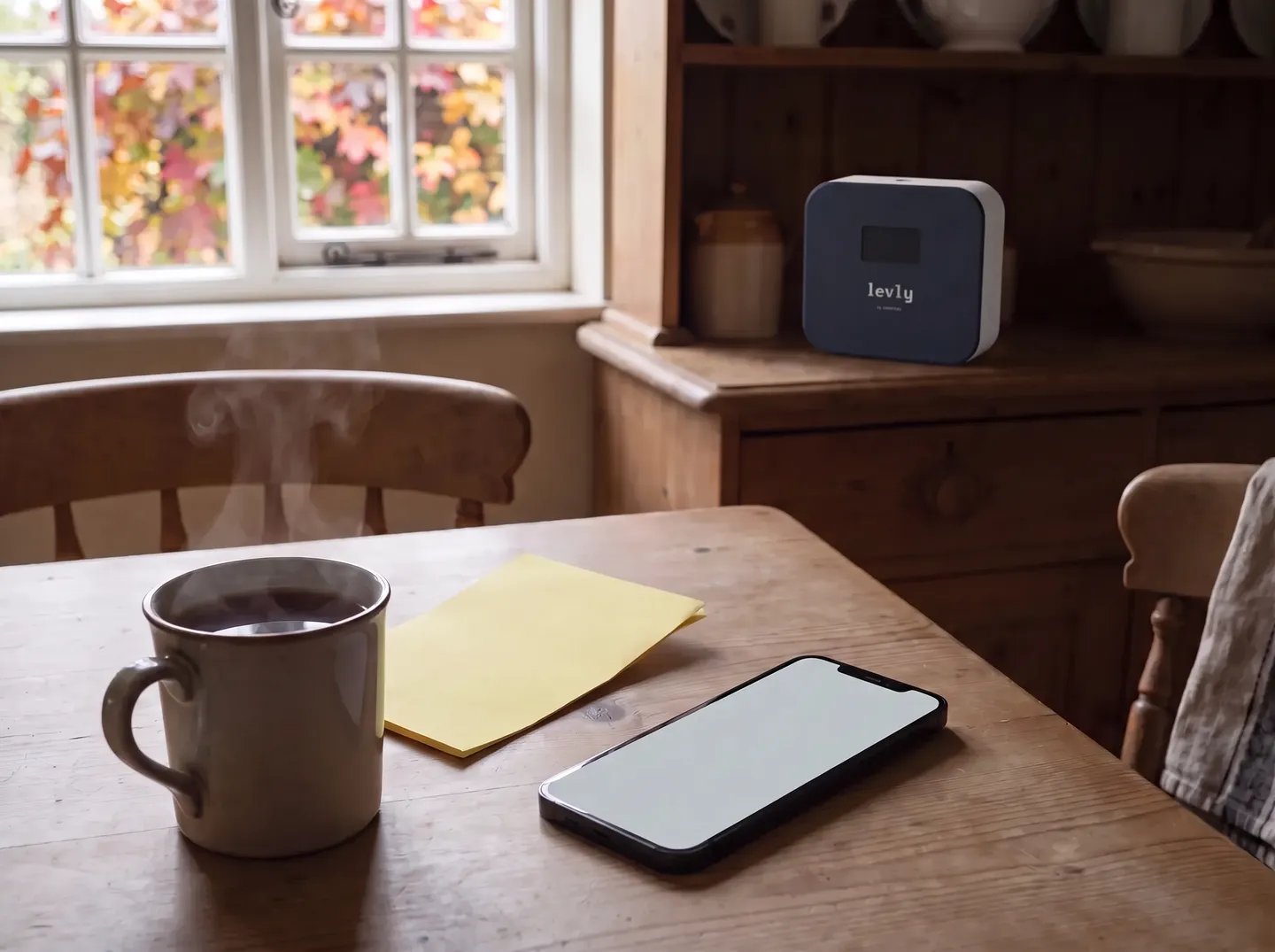 Tea, an oil delivery note and a phone on a kitchen table, with a Levly hub on the dresser