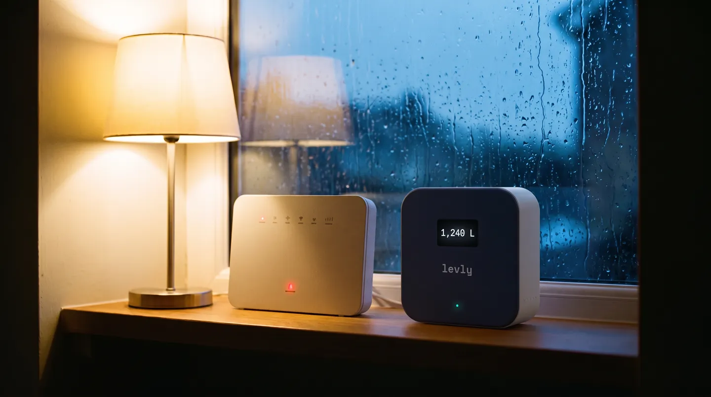 A broadband router with a red warning light next to a Levly hub still showing 1,240 L